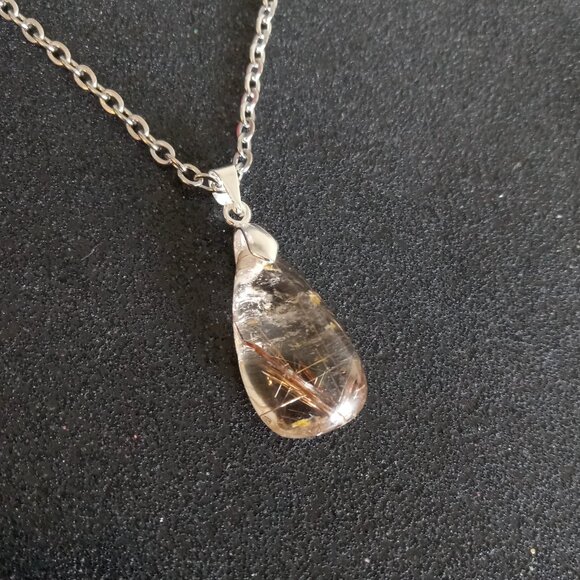 Golden rutilated quartz teardrop pendant on 20" inch silver necklace new - Picture 1 of 8